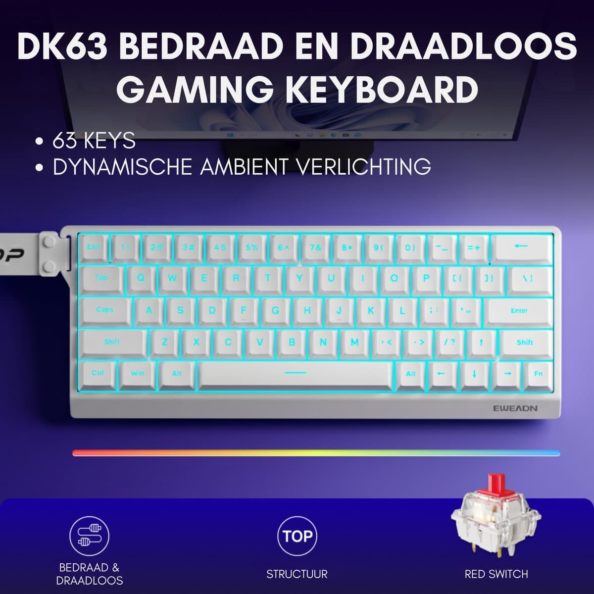 EWEADN DK63 60% Mechanisch - Rood, Draadloos, RGB thumbnail 5