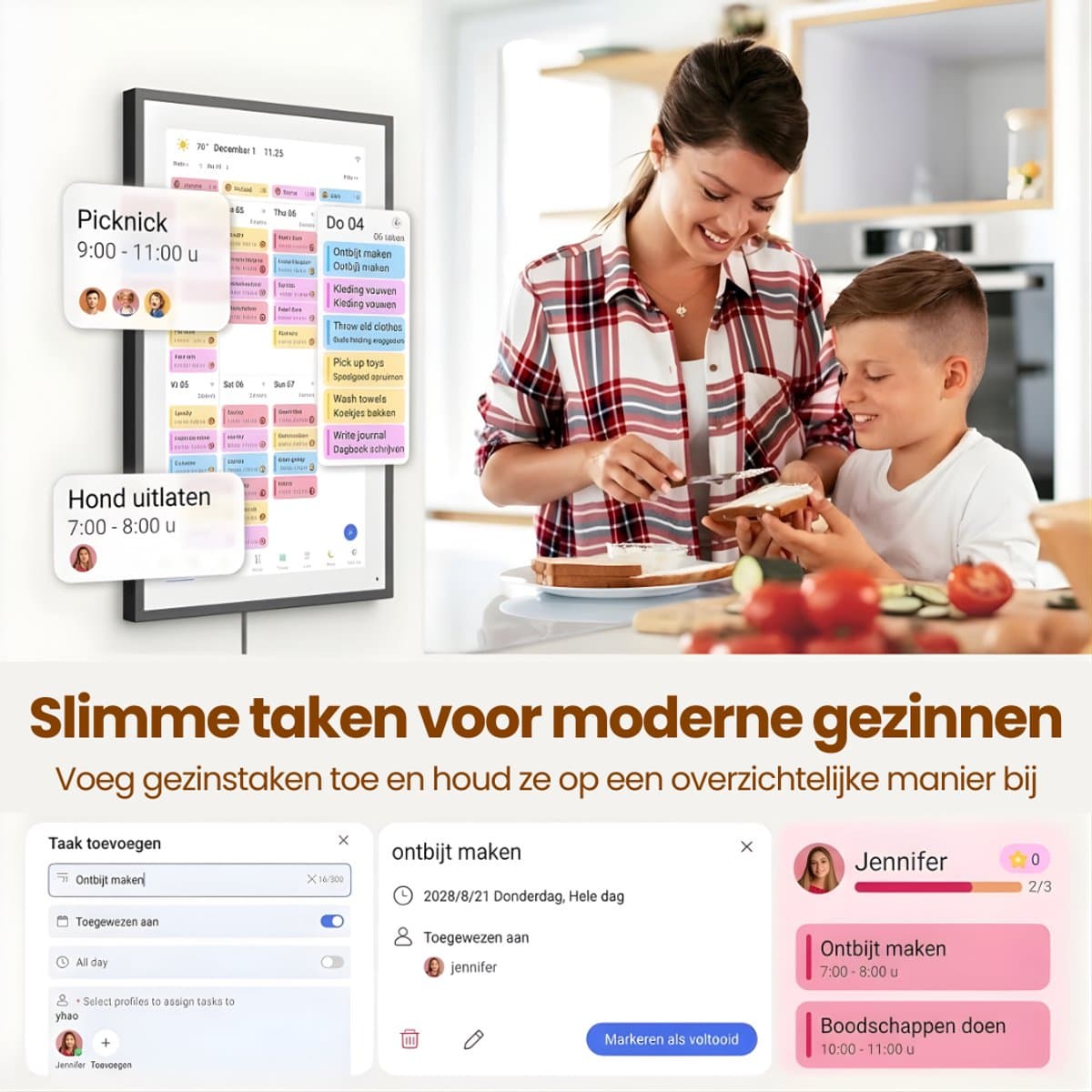 Digitale Kalender & Fotolijst met Touchscreen – 1080P Full HD – Zonder Abonnement – 10,1" inch – Gezinsplanner met Takenlijst & Maaltijdplanner – 32GB – Wand- en Bureaumontage thumbnail 3