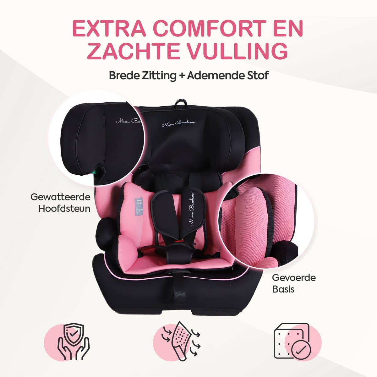 Mino Bambino i-Size Autostoel – Isofix - Groep 1/2/3 9-36 kg (76 tot 150 cm) - 15 maanden tot 12 jaar – Roze thumbnail 3