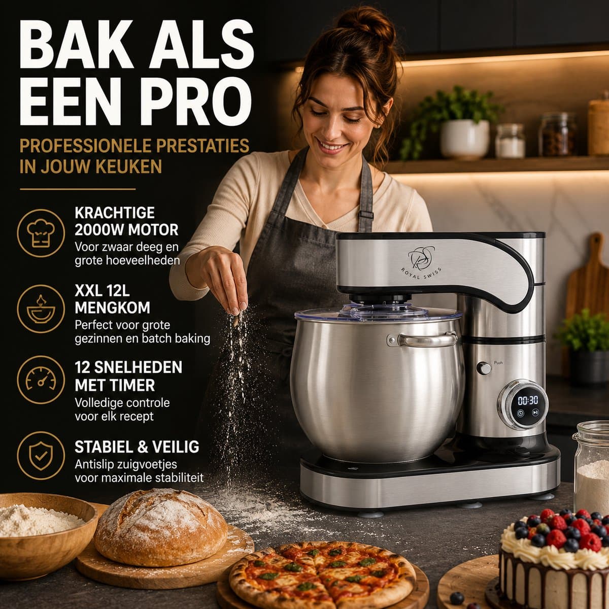 Royal Swiss SC-603E - 12L Keukenmachine 2000W Planetaire Mixer