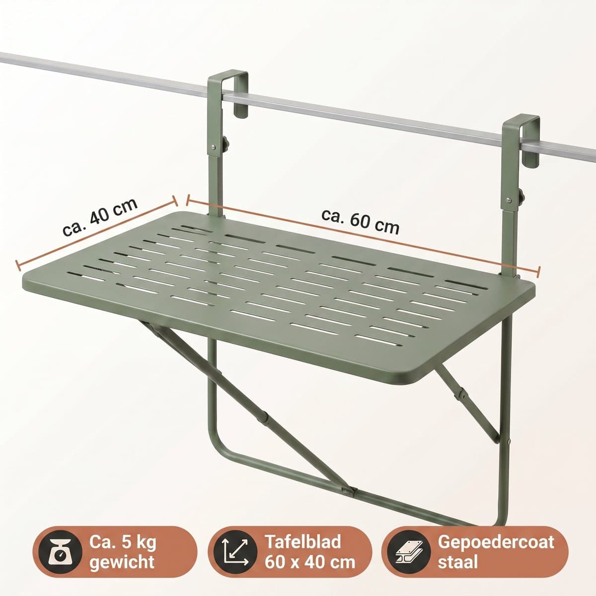 Lomera Balkontafel Hangend - Inklapbare Hangtafel voor Balkon - Klaptafel in Hoogte Verstelbaar - Opklapbare Balkonbar - Balkon Tafel voor Reling - Wandtafel - Bijzettafel Buiten - Vouwtafel Ophangbaar voor Balkonrek - Mat Groen thumbnail 6