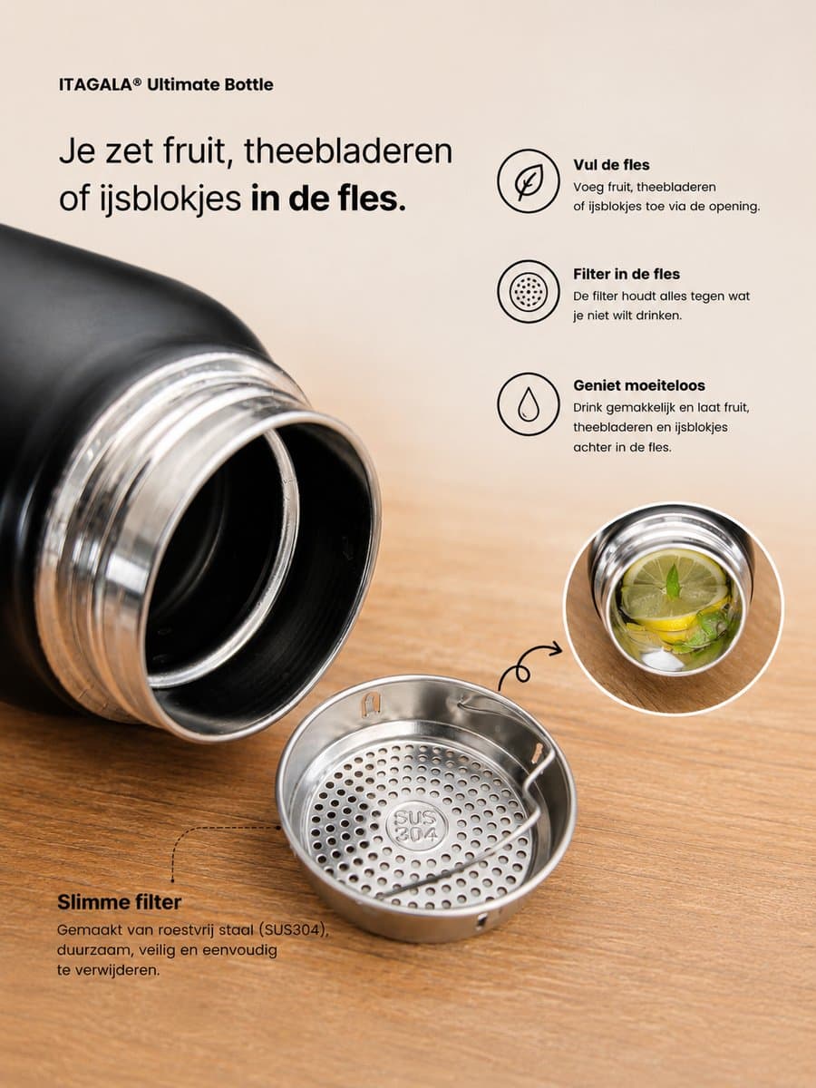 ITAGALA® Waterfles 1 Liter - Luxe RVS Thermosfles - Drinkfles - Fruit Filter - 100% Lekvrij - BPA vrij - Sport Drinkflessen Volwassenen - Isolatie drinkfles - Thermosbeker - 24uur koud/12 uur warm - Mat Groen thumbnail 2