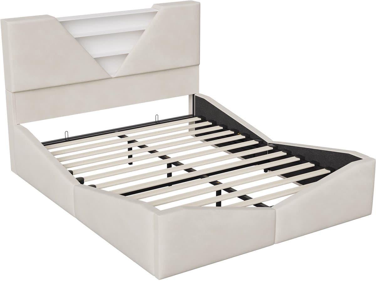 Gestoffeerd Bedframe 160x200 cm met Opbergruimte en LED - Fluweel Crèmekleurig incl. Lattenbodem thumbnail 8