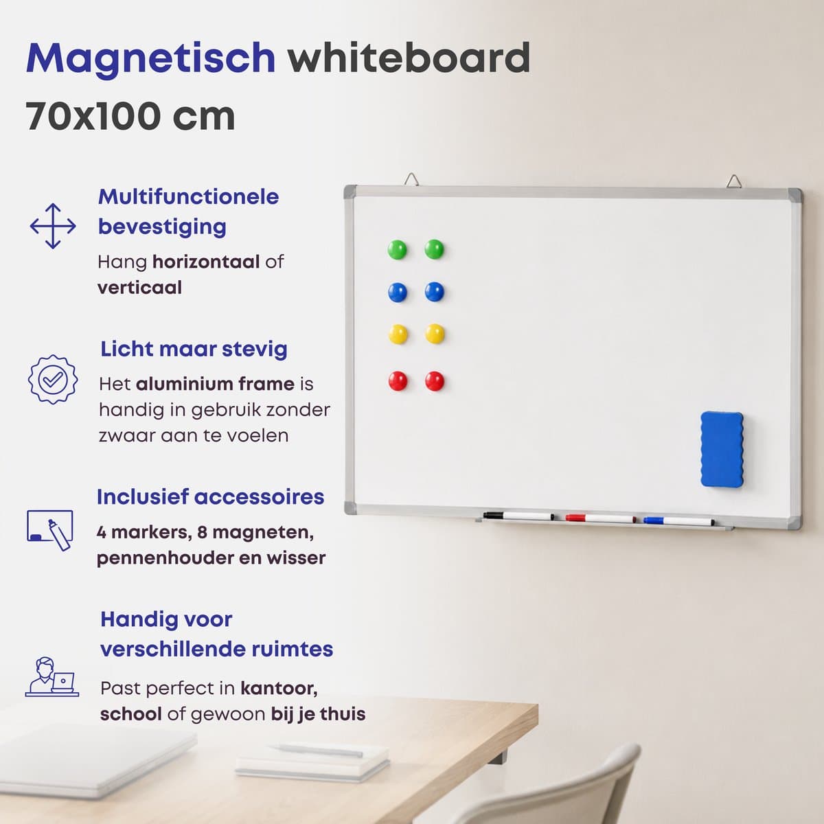ACAZA Whiteboard - Magnetisch - 70 x 100 cm - Magneetbord - Weekplanner - Inclusief 8 Magneten, 4 Stiften, Wisser en Pennenbakje - Whiteboard Stiften - Weekplanner Whiteboard - Maandplanner - Magneten Whiteboard - Memobord thumbnail 2