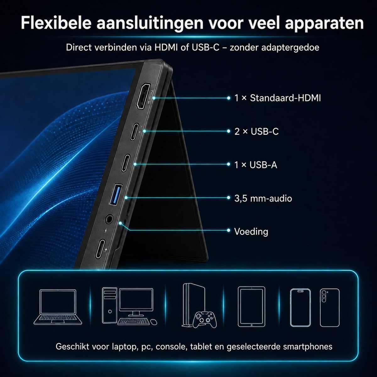 Gloovon® Draagbare Monitor - 16 inch 2.5K 144Hz - Met Standaard HDMI & USB-C - 500 nits IPS Scherm - 2560x1600 - Zwart thumbnail 7