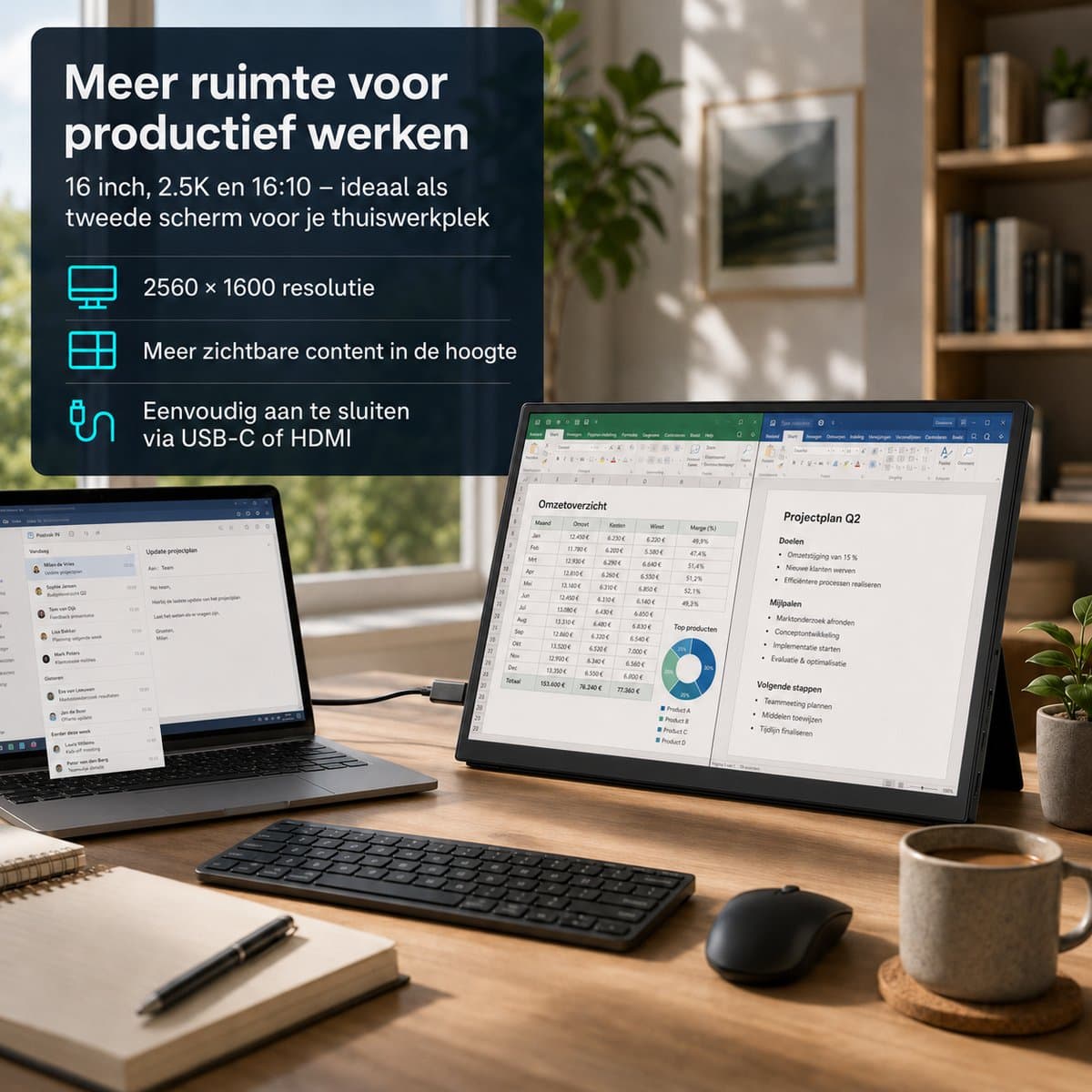 Gloovon® Draagbare Monitor - 16 inch 2.5K 144Hz - Met Standaard HDMI & USB-C - 500 nits IPS Scherm - 2560x1600 - Zwart thumbnail 6