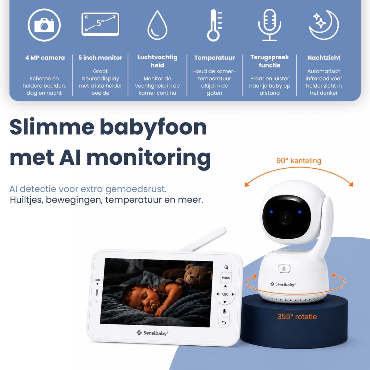 Babyfoon met Camera en App - AI Meldingen bij Huilen, Gezichtsbedekking en Buikligging - QHD Camera - Nachtzicht - 64GB SD-kaart - Baby Monitor - Sensibaby thumbnail 4