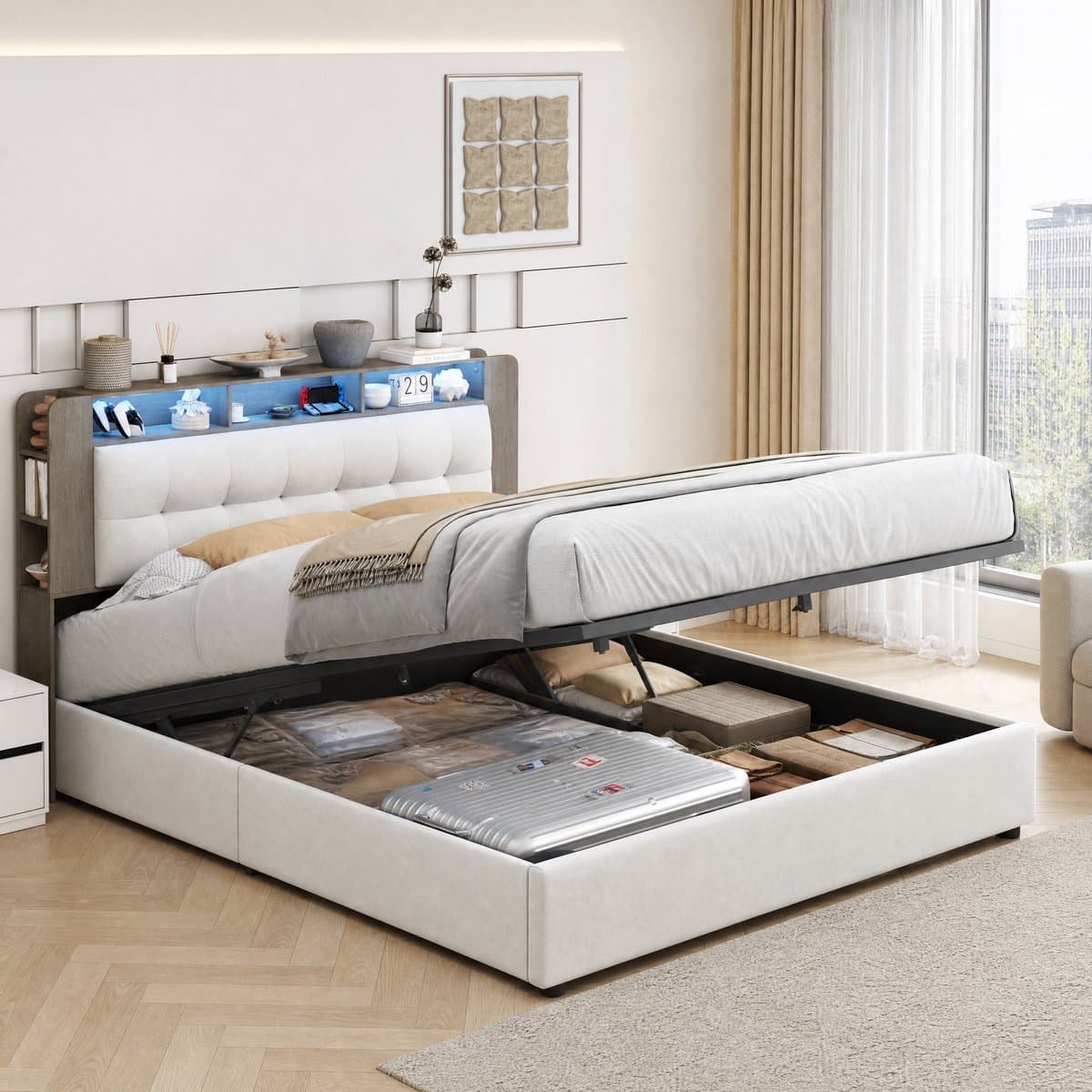 Opbergbed 160x200 cm – Beige fluwelen tweepersoonsbed – Gaslift opslag, hoofdbord-opbergruimte, LED-sfeerverlichting & draadloos opladen thumbnail 7