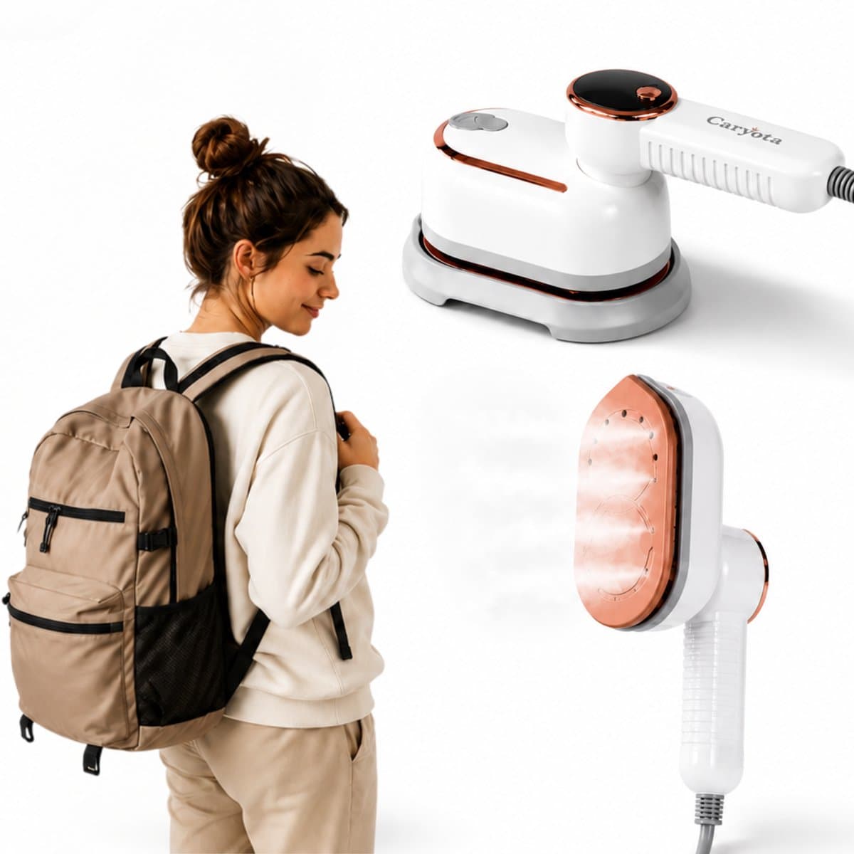 Caryota Stoomstrijkijzer 2in1 - Mini Strijkijzer - 3 Stoomstanden - Reis Strijkijzer - Kledingstomer - 1400W - 15s warm - 180° Roteerbare Stoomkop - LCD - Steamer - 650g
