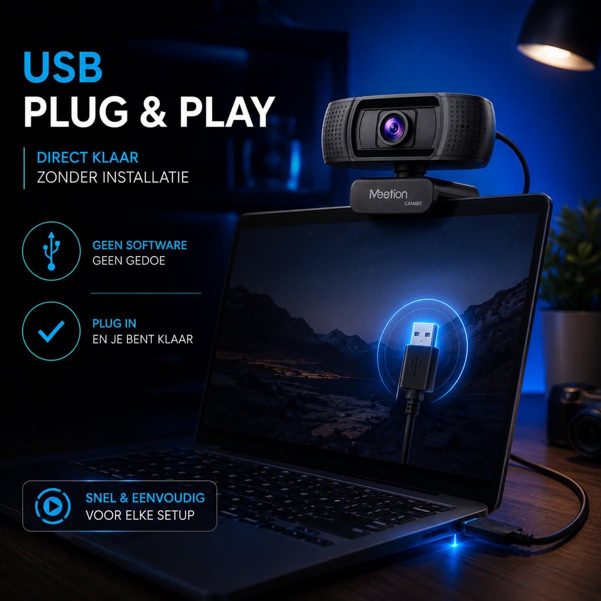 Meetion CAM601 - Webcam - Full HD 1080P - Verstelbare Focus - Clip-on Design - Universele Bevestiging - Zwart thumbnail 3