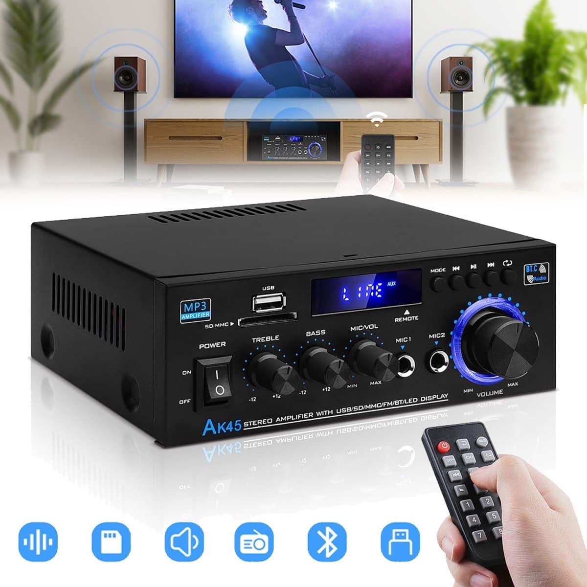 Bluetooth 5.0 Audioversterker Ontvangers - AK45 Hifi Stereo Mini Eindversterker RMS 40W 2.0 Kanaals Home Theater Audio Componenten Luidsprekers Versterker W/MIC USB RCA FM Radio