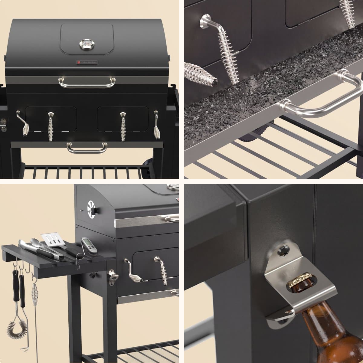 KitchenBrothers Houtskool BBQ XL - Dual Zone Smoker Barbecue - Met Verstelbare Kolenroosters & Inklapbare Zijtafels - PFAS-vrij - 42,3x75,8cm Grilloppervlak - Vaderdag Cadeau - Zwart thumbnail 7