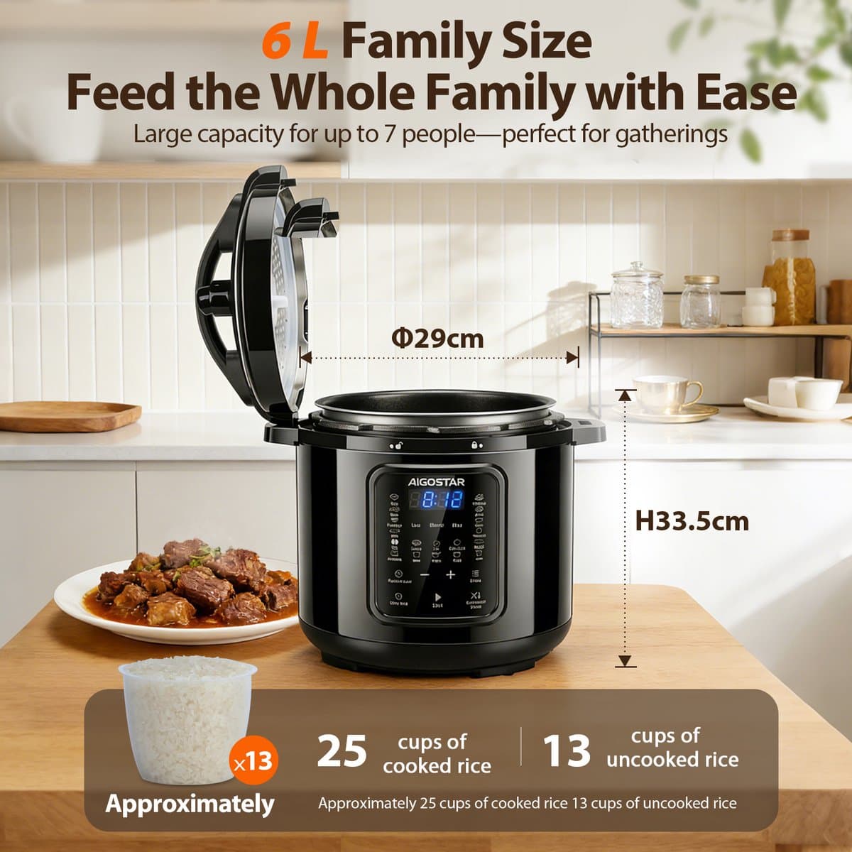 Aigostar Derrick Black - Pressure Multicooker - 6 Liter - Snelkookpan - Slow Cooker - Rijstkoker - Stomer - Zwart thumbnail 7