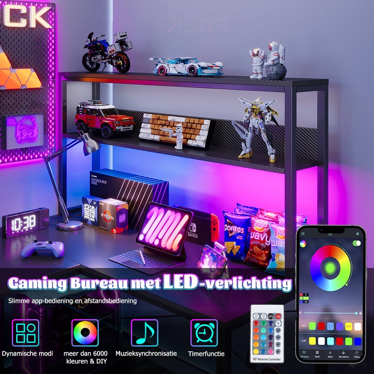 Gaming Bureau met LED Verlichting - 148x100x148 cm - L-Vormig Hoekbureau met Stopcontact - 3 Non Woven Lade - Gaming Desk - Computer Tafel - Gaming Tafel - met Opbergplanken, Tas & IJzeren Haak - Zwart - Bureau voor Gamen, Studeren en Werken thumbnail 7