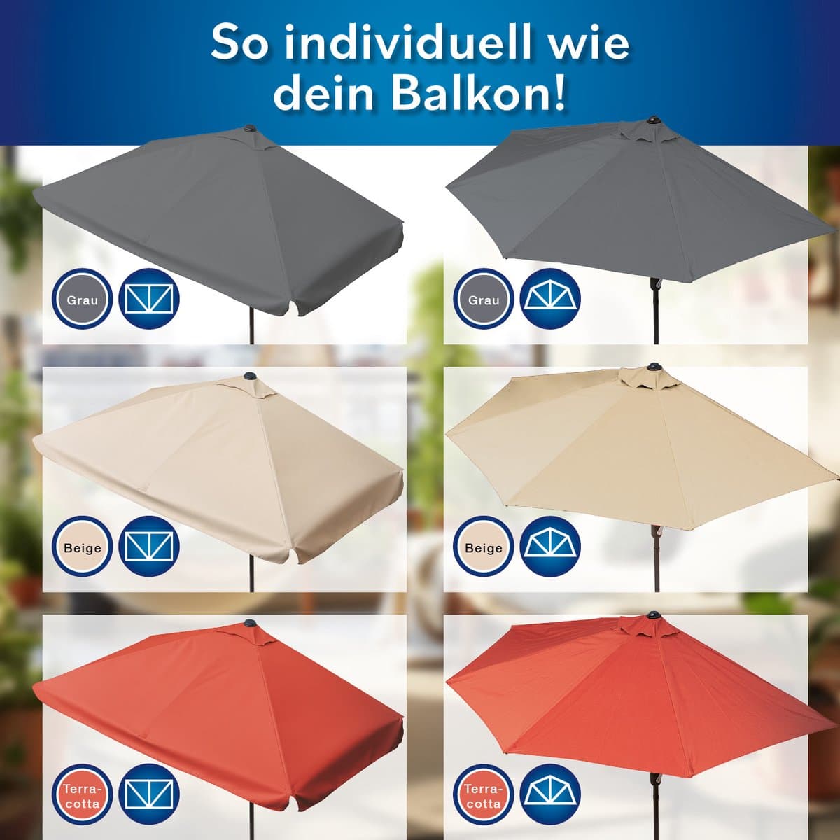 EASYmaxx rechthoekige parasol | 230 x 140 x 253 cm | voor balkon en terras | past precies tegen muren | met praktische handslinger en zonwering UV-bescherming 40+ | biedt schaduw thumbnail 3
