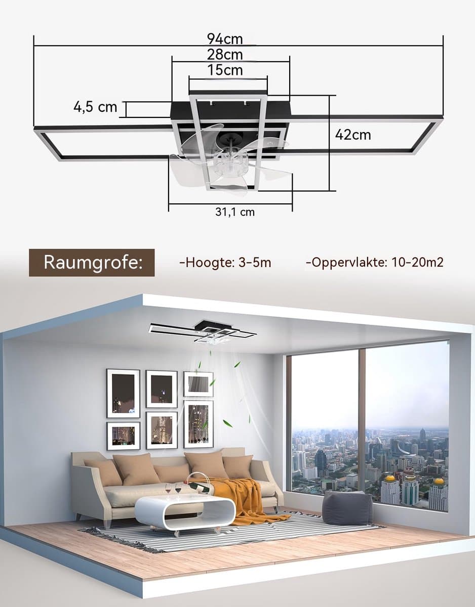 Glitzerlife - Plafond ventilator met verlichting - Dimbaar Led Licht - 6 Snelheden - Omkeerbare Zomer En Winterstand - Stille plafondventilator - Afstandsbediening Timer - Ø94 Cm - Zwart thumbnail 7