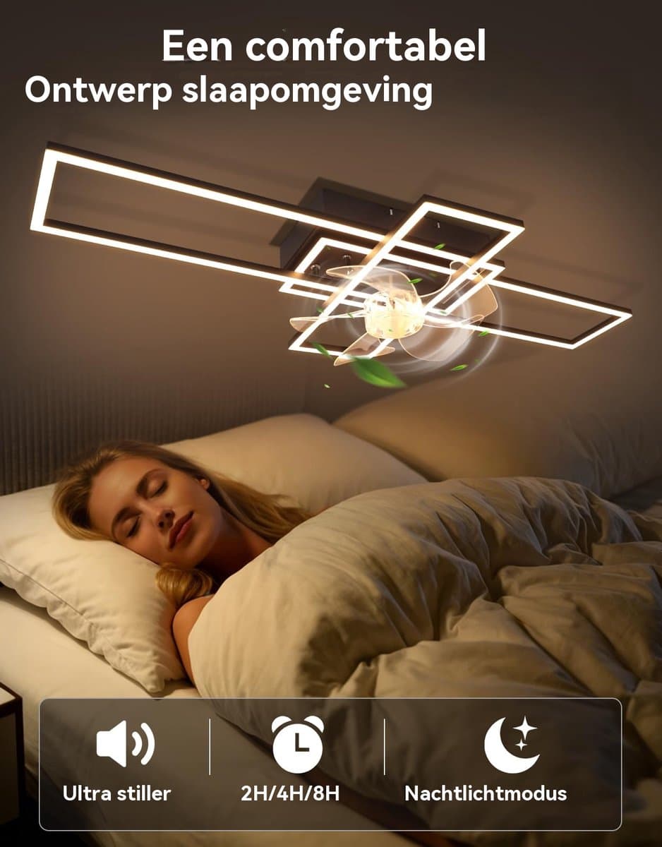 Glitzerlife - Plafond ventilator met verlichting - Dimbaar Led Licht - 6 Snelheden - Omkeerbare Zomer En Winterstand - Stille plafondventilator - Afstandsbediening Timer - Ø94 Cm - Zwart thumbnail 8