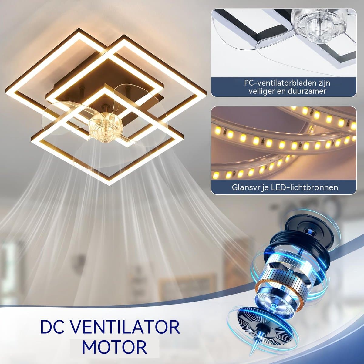 Glitzerlife - Plafond ventilator met verlichting - Modern Dimbaar Led Licht - Stille plafondventilator - 6 Snelheden Omkeerbaar - Nachtlicht Timer Geheugenfunctie - 37 Cm - Zwart thumbnail 6