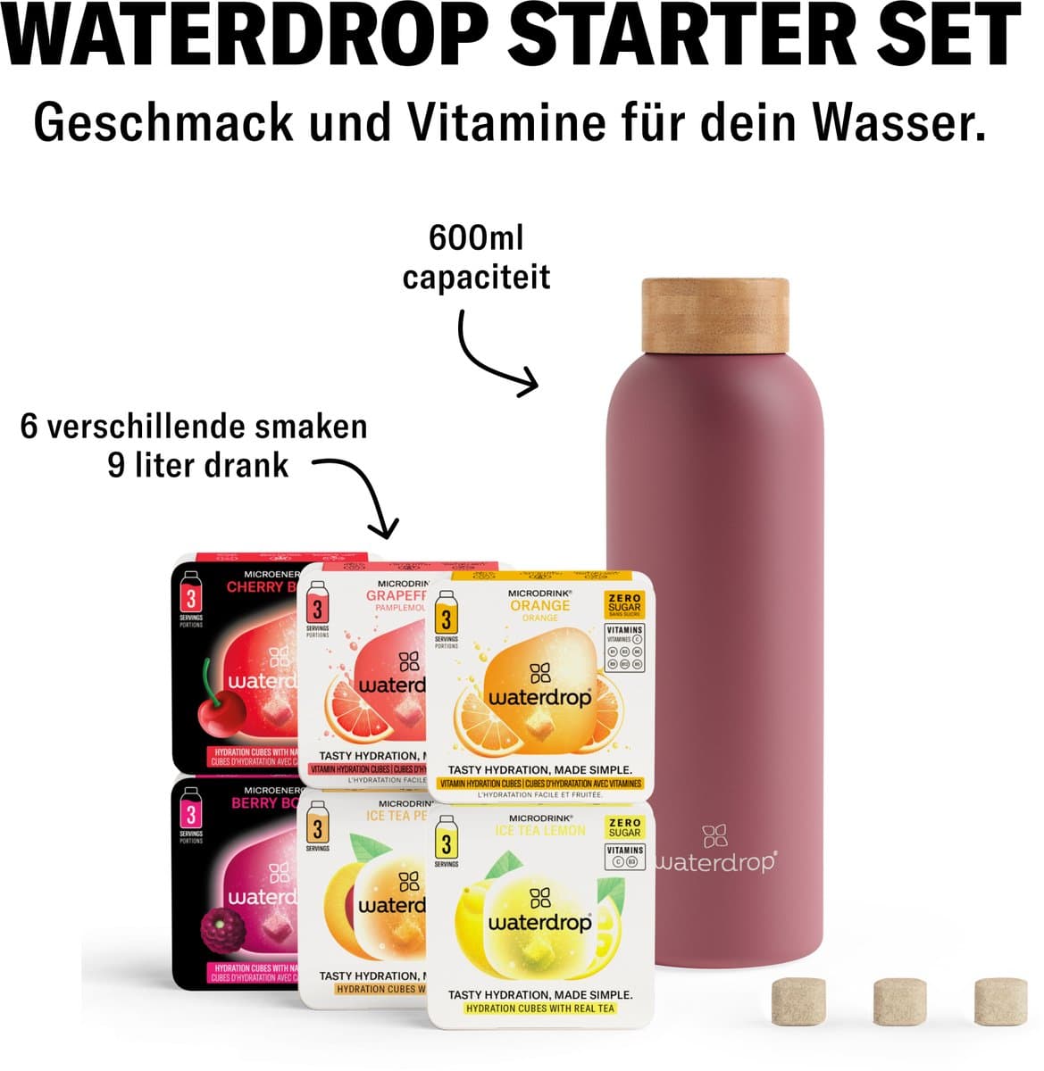waterdrop® Starterset Metalen - Mat Roze -Metalen Thermosfles 600ml + 18 Microdrink Bruistabletten – Geïsoleerde Drinkfles RVS, Lekvrij, BPA-vrij, Voor Sport, Werk, Reizen, School – Hydratatie Set, Cadeau Idee thumbnail 2