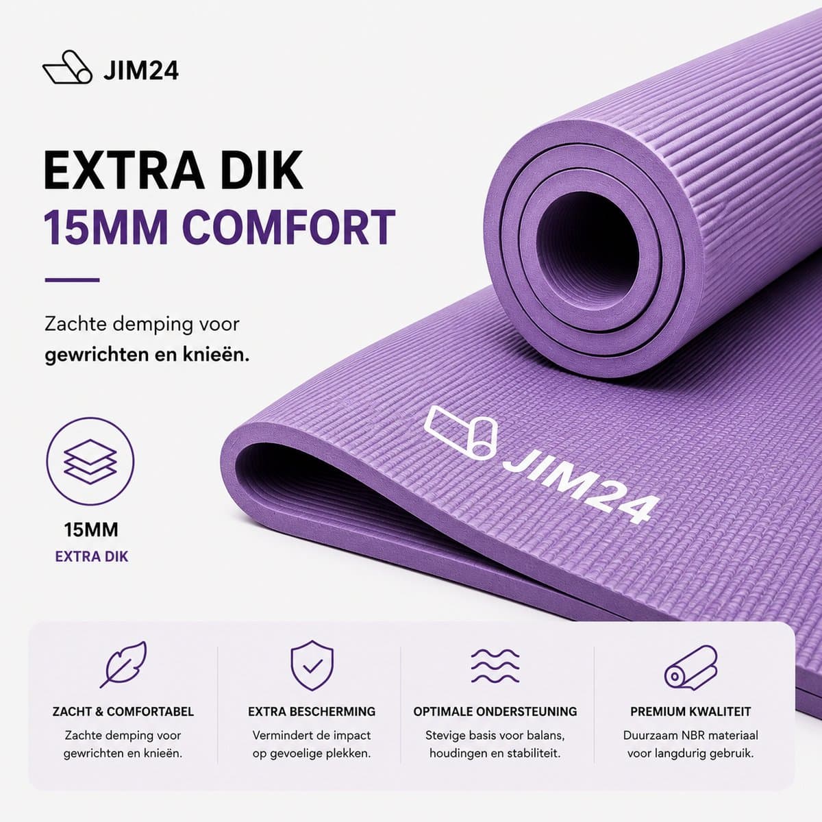 Jim24 Yogamat - Yoga Mat Extra Dik - 15 mm - Fitness Mat - Sport Mat - Antislip - Slijtvast - Incl. Draagtas - Paars thumbnail 5