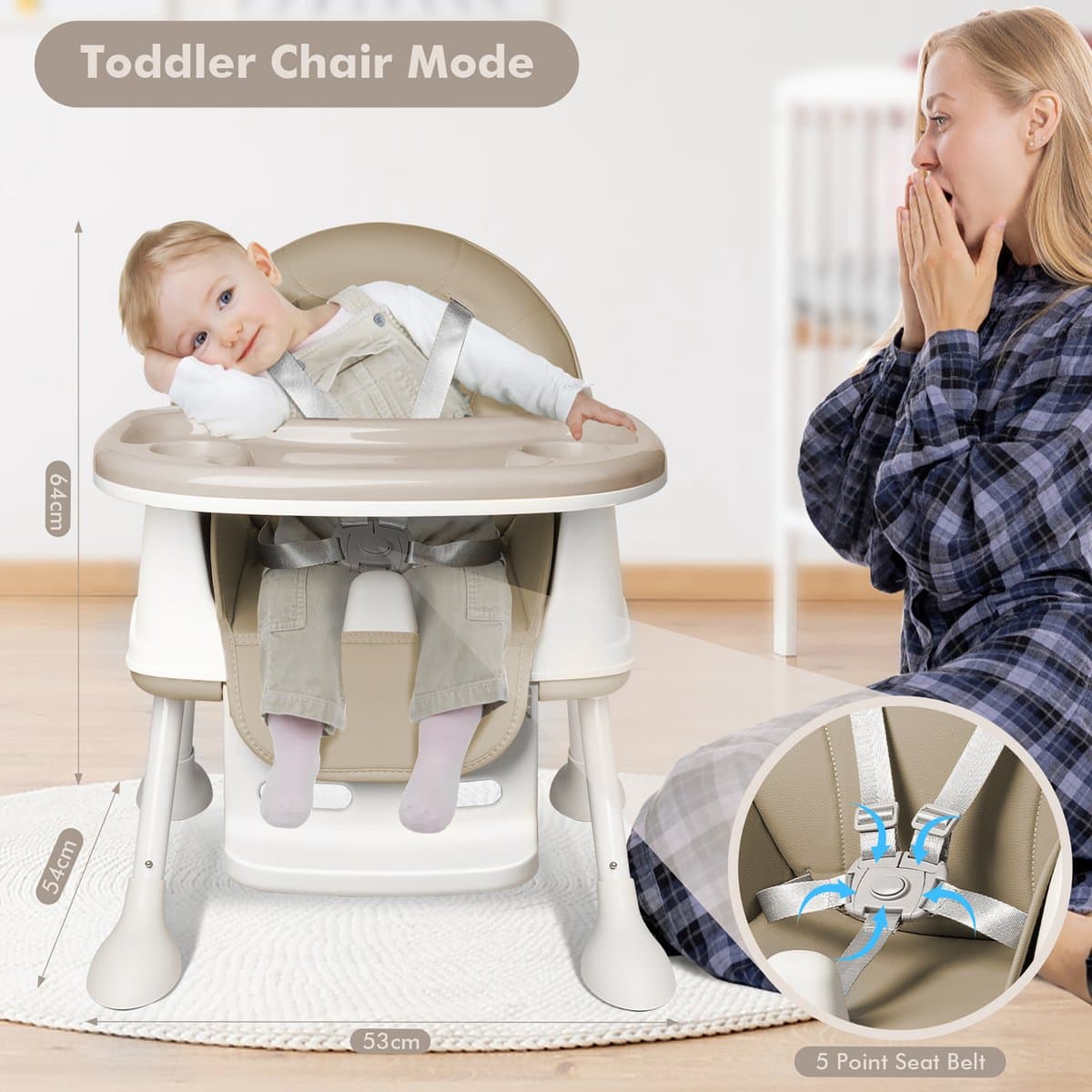 NAIZY Kinderstoel Babystoel 3-in-1 Multifunctionele Eetkamerstoel met 5-punts veiligheidsgordel, Dubbel Blad en Afneembaar Kussen, Beige thumbnail 2