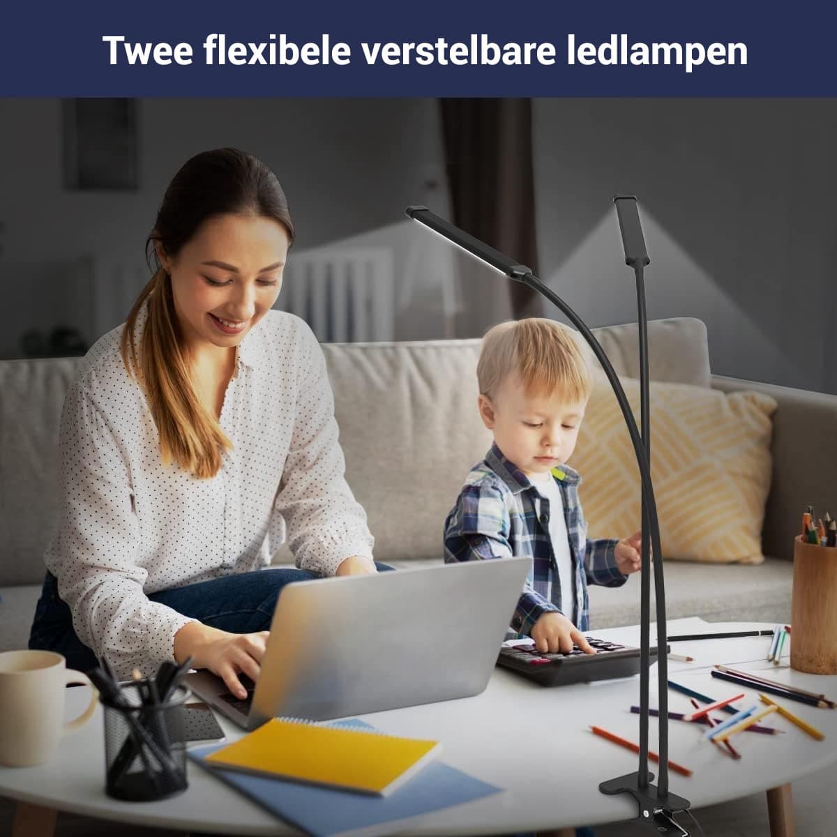 LotaHome - Bureaulamp LED Dimbaar - Dubbele Flexibele Bureauverlichting - Bureaulamp met Klem - Desklamp - Laptoplamp - Tafellamp - Werkverlichting - Inklapbaar - Bureauaccessoires - 5 Lichtstanden en 3 Dimfuncties - Touchscreen - Afstandsbediening thumbnail 2