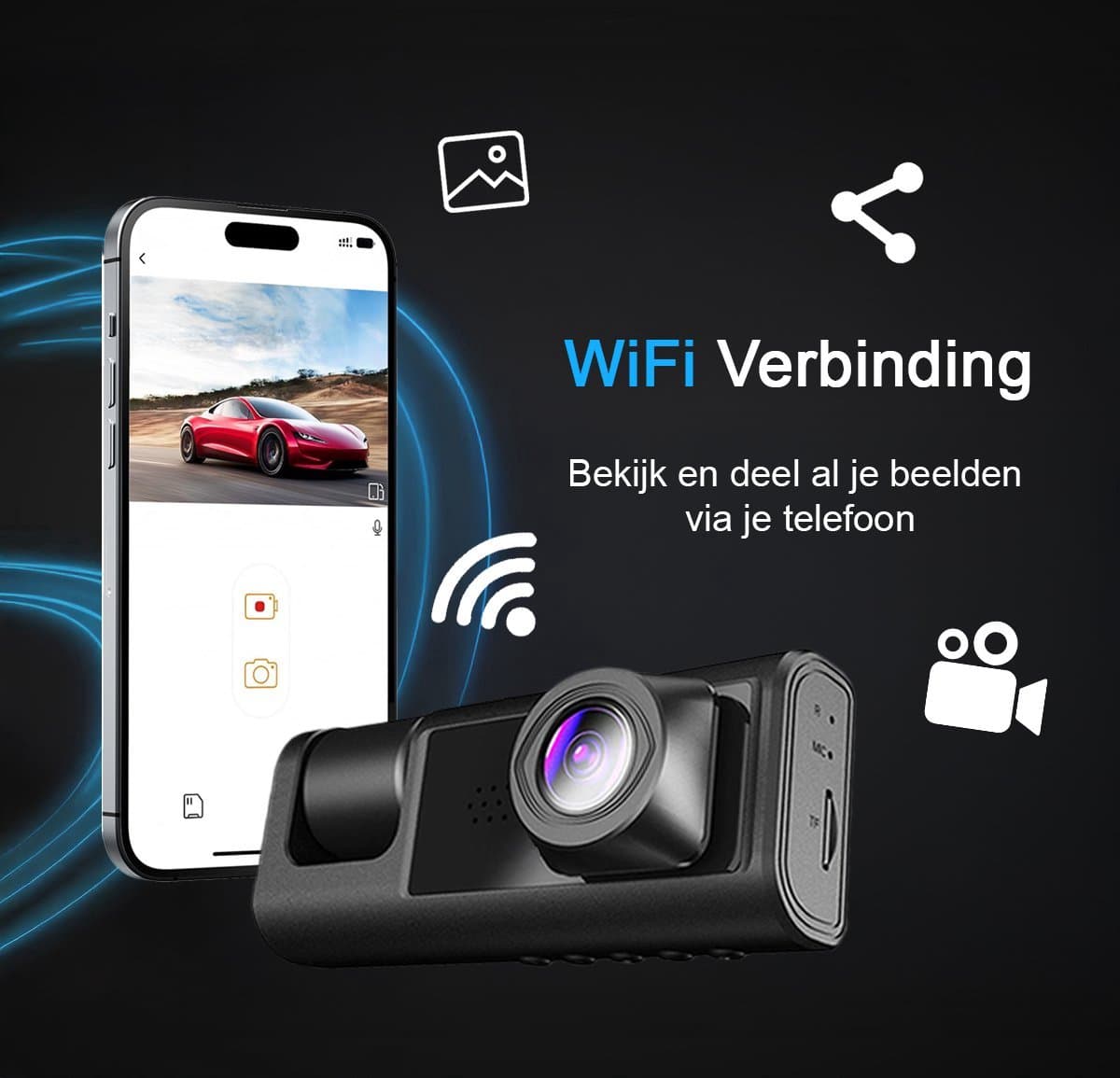 Tech Essentials® Dual Dashcam S1-Wifi Voor Auto - Met Achteruitrijcamera Universeel - Full HD - Met 64GB Micro SD-Kaart - Met Nachtzicht - APP | Voor En Achter thumbnail 3