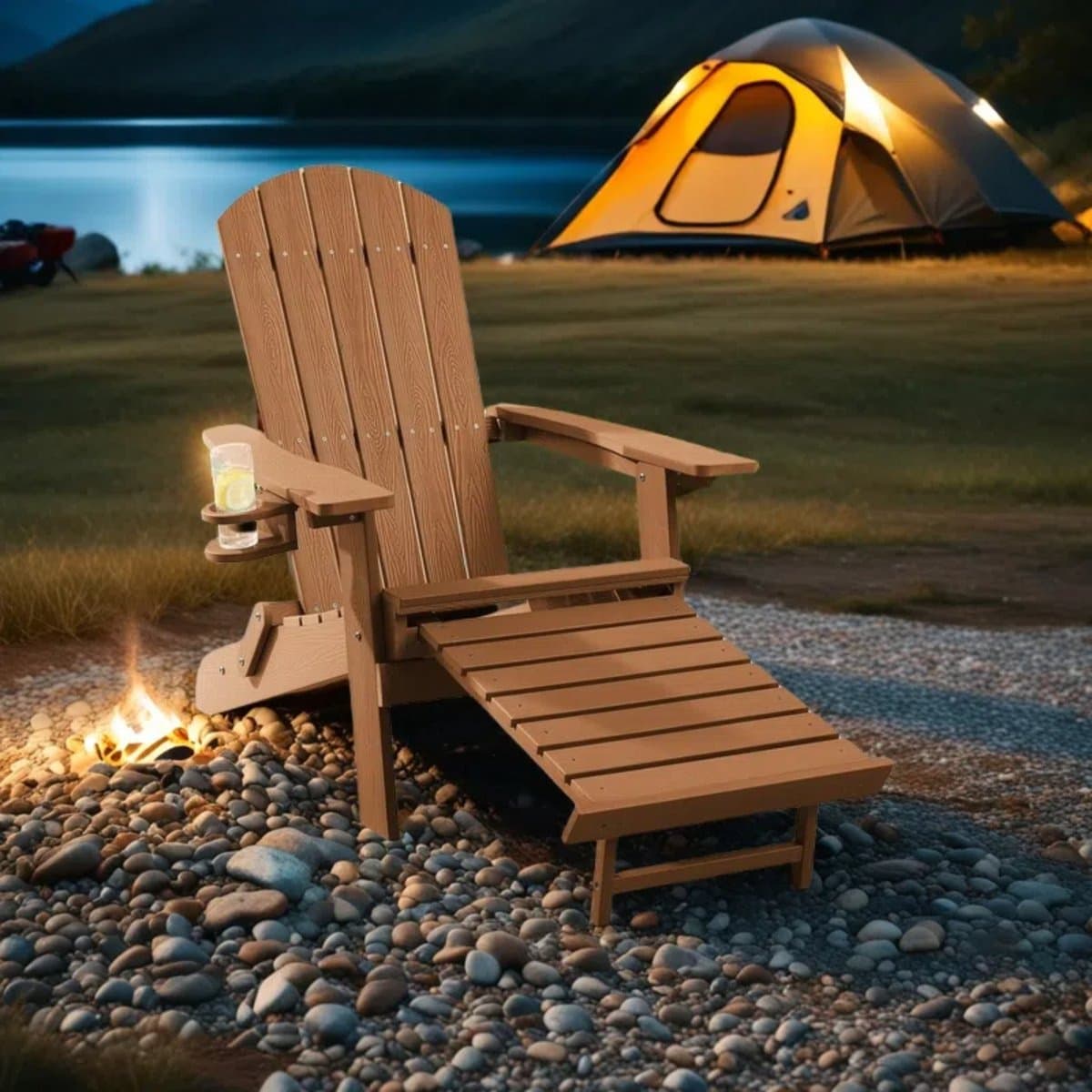 Tuinstoel Adirondack Stoel Arizona - Licht Bruin - Met Voetenbankje - Houtlook - Hoogwaardig Kunststof thumbnail 2