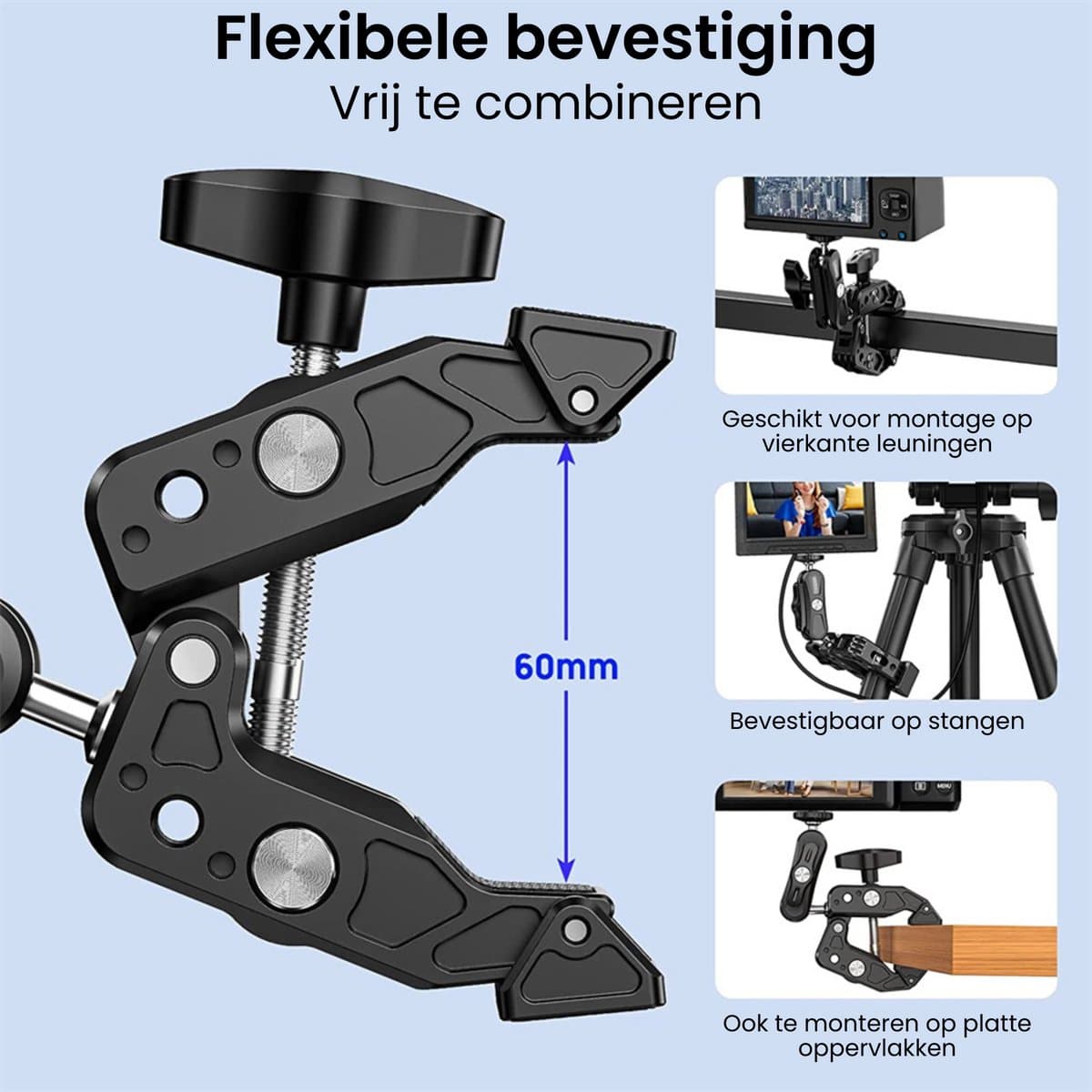 AdroitGoods Super Clamp Cameraklem – 360° Magic Arm met Dubbele Kogelkop & 1/4"- en 3/8"-Schroefdraad voor DSLR, LED-verlichting, Ronin & MOVI thumbnail 2