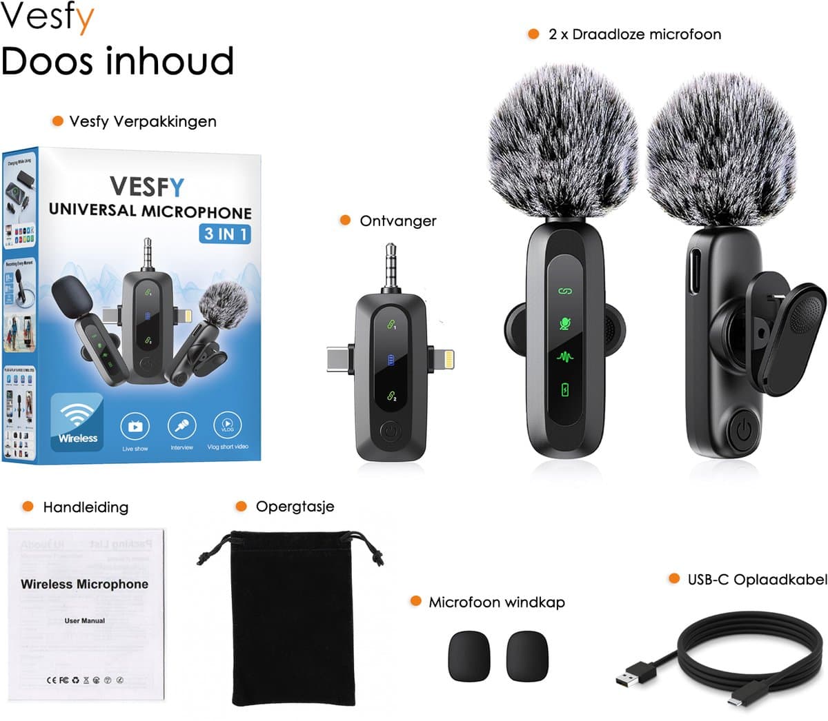 Vesfy 3-in-1 lavalier microfoonset (2 stuks) thumbnail 2