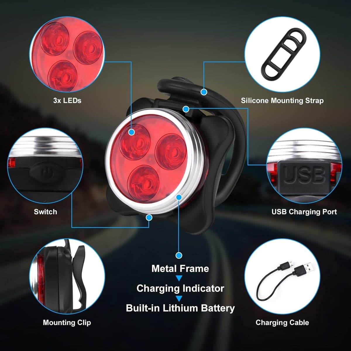 Fietsverlichting LED set - Voorlicht / Achterlicht - Fiets Koplamp - LED Fietslampjes Rood en Wit - Waterdicht - USB-C Oplaadbaar thumbnail 3