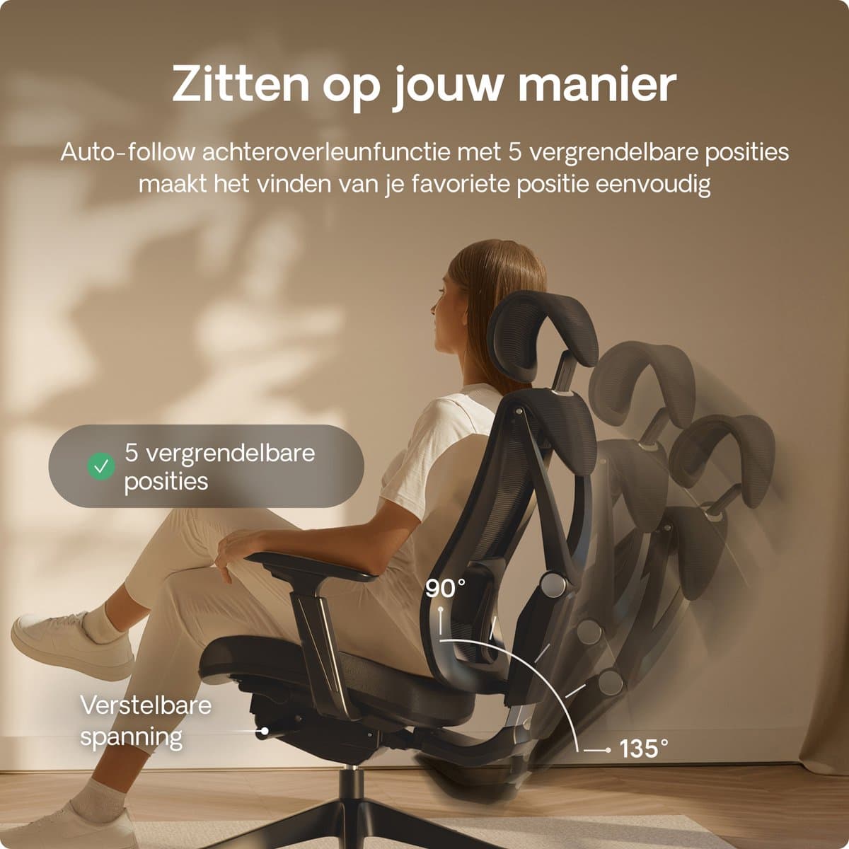 Desktronic SitPro Ergonomische Bureaustoel - Bureaustoelen voor volwassenen - Bureau stoel voor kantoor, gaming - 5D lendensteunsysteem - Armleuningen 4D - Rugleuning 90° tot 135° - heeft BIFMA en .IGR ergonomiecertificering - Zwart thumbnail 8
