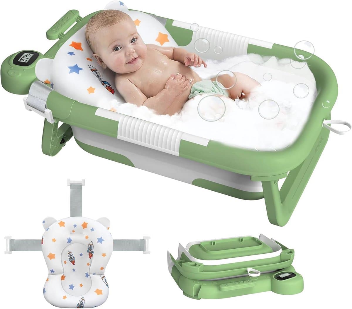 Opvouwbare babybadkuip met temperatuurmonitor en drijvend kussen - Draagbaar babybad voor 0-36 maanden