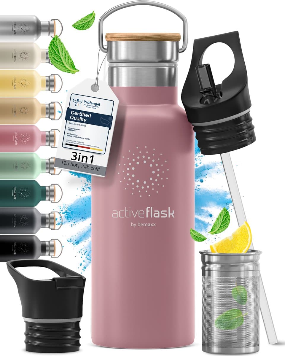 bemaxx Drinkfles met Rietje RVS Thermosfles ACTIVE FLASK (3 Drinkdoppen met Infuser), Volwassenen Kinderen, BPA-Vrij + Lekvrij | 1 Liter/500 ml Isoleerfles, Vacuüm Waterfles Sport Fitness Fietsen Water Fles Waterbidon Sportbidon