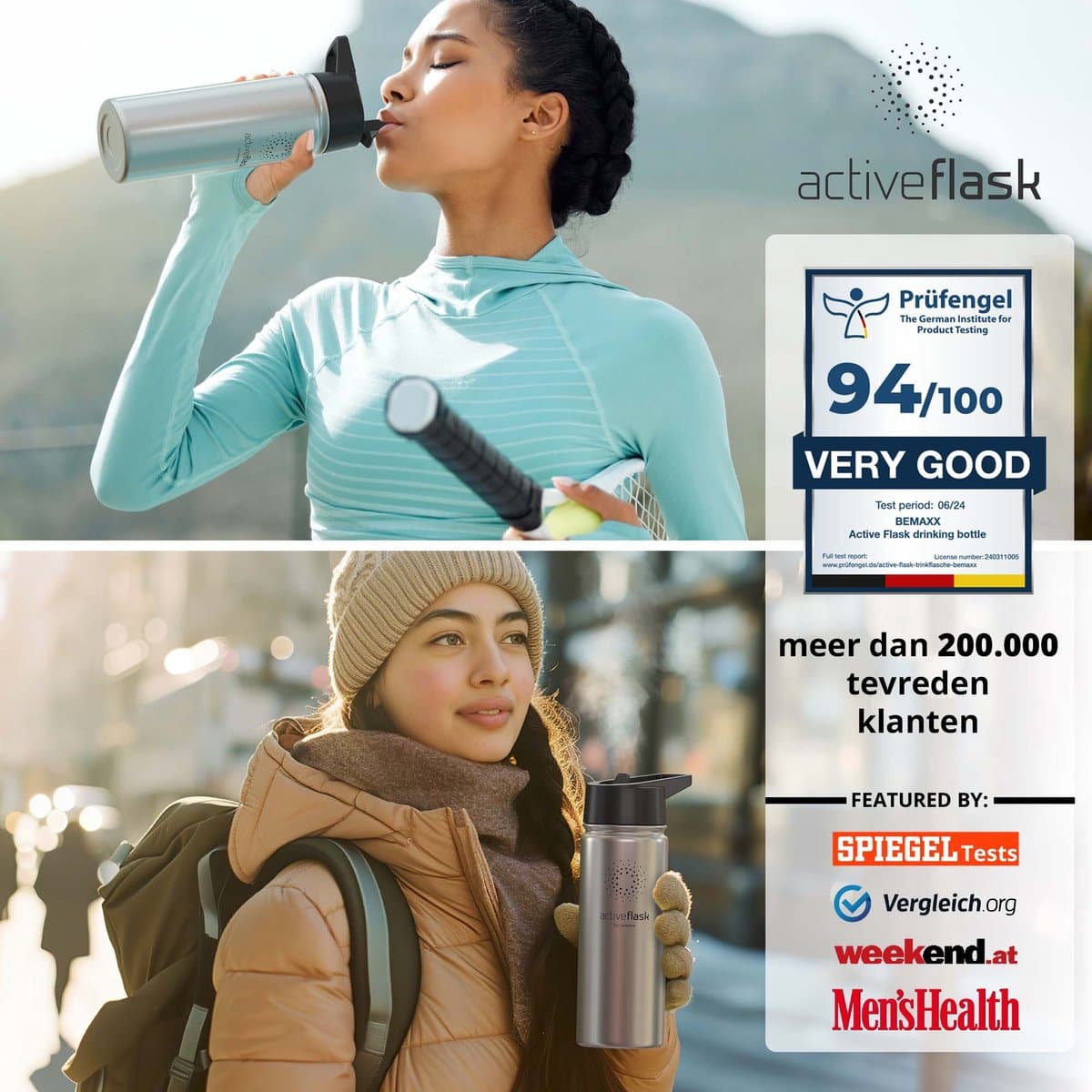 bemaxx Drinkfles met Rietje RVS Thermosfles ACTIVE FLASK (3 Drinkdoppen met Infuser), Volwassenen Kinderen, BPA-Vrij + Lekvrij | 1 Liter/500 ml Isoleerfles, Vacuüm Waterfles Sport Fitness Fietsen Water Fles Waterbidon Sportbidon thumbnail 7