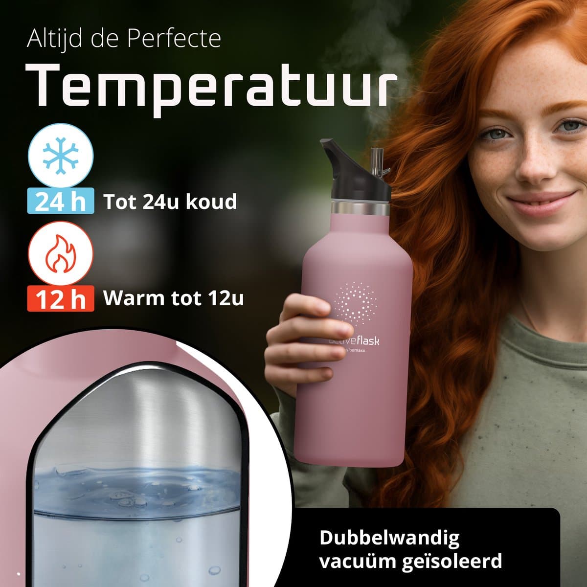 bemaxx Drinkfles met Rietje RVS Thermosfles ACTIVE FLASK (3 Drinkdoppen met Infuser), Volwassenen Kinderen, BPA-Vrij + Lekvrij | 1 Liter/500 ml Isoleerfles, Vacuüm Waterfles Sport Fitness Fietsen Water Fles Waterbidon Sportbidon thumbnail 4