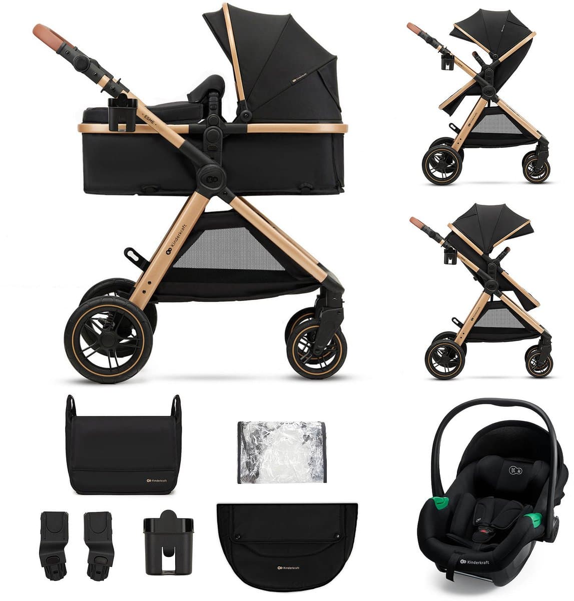 Kinderkraft ESME PRO 3-in-1 Kinderwagen – Beigekleurige multifunctionele combi met reiswieg, wandelwagen en autostoel - Zwart