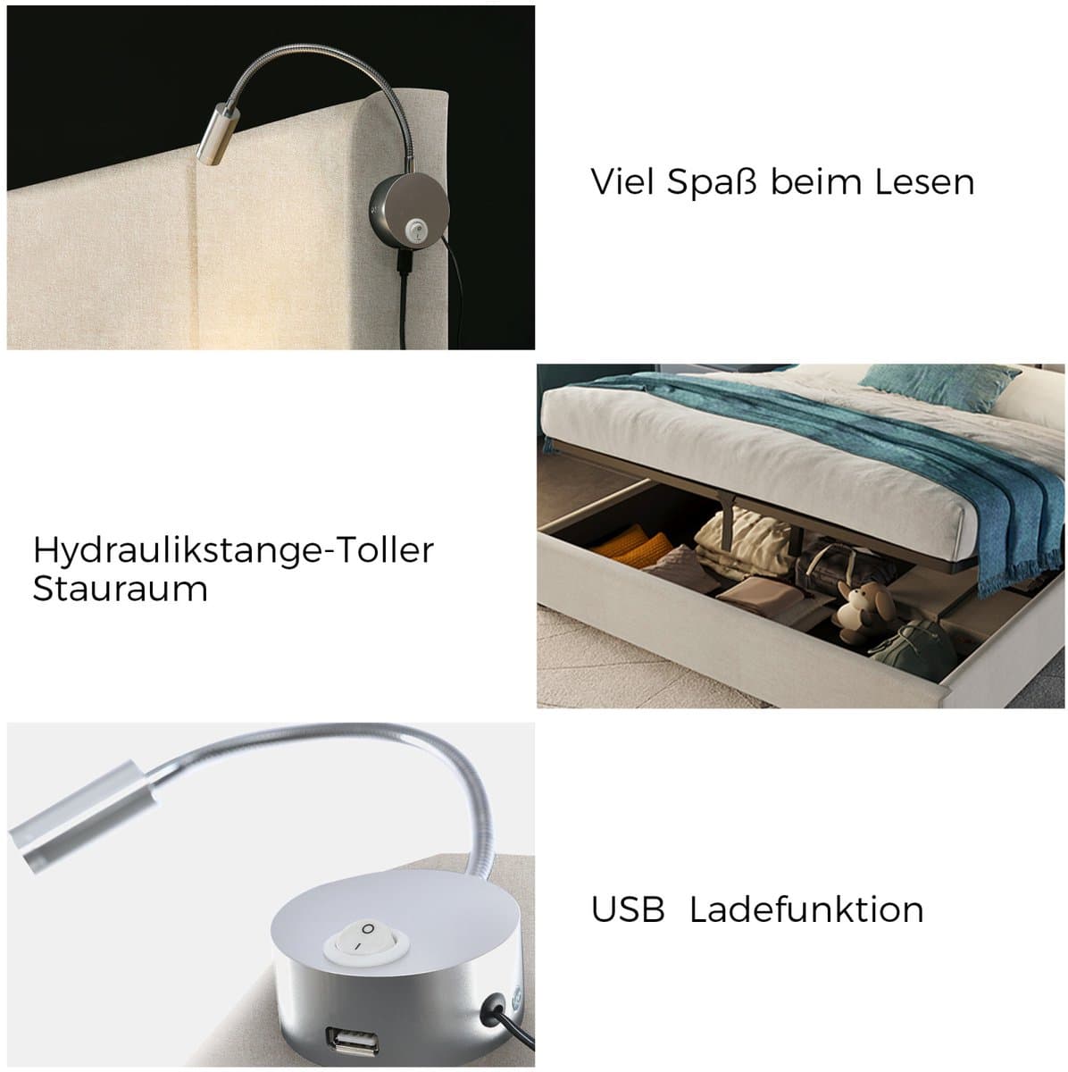 Opbergbed 160x200 cm in Beige met hydraulische functie & 2 Leeslampen – Modern Tweepersoonsbed met Opbergruimte thumbnail 3