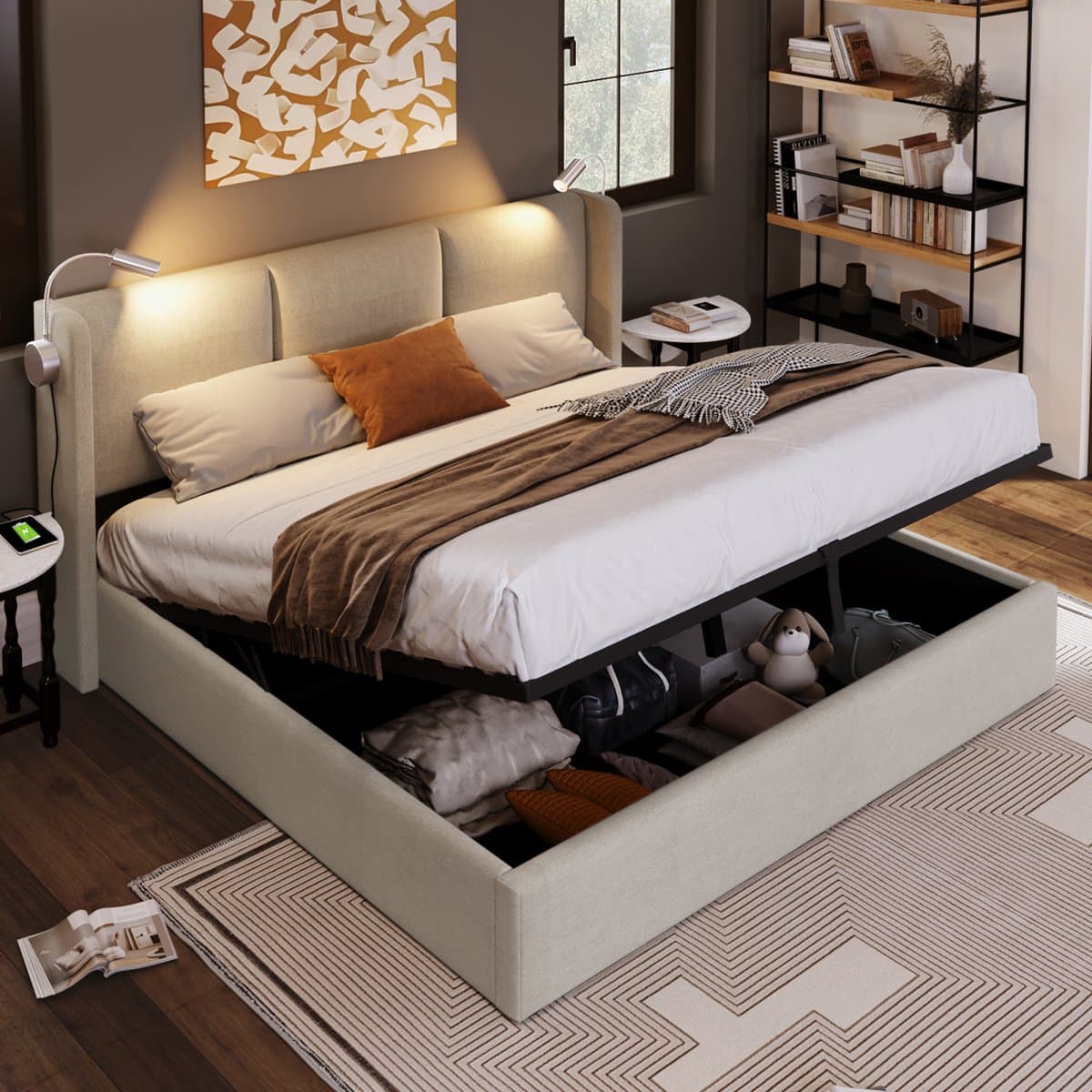 Opbergbed 160x200 cm in Beige met hydraulische functie & 2 Leeslampen – Modern Tweepersoonsbed met Opbergruimte