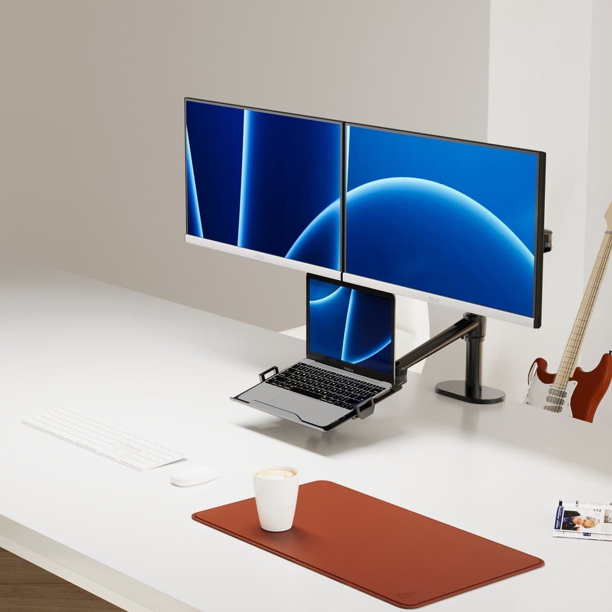 Alberenz® Dubbele Monitor Arm met Laptop Standaard zwart - Monitor beugel voor 2 schermen - Monitorbeugel - Ergonomisch ontwerp - Laptopstandaard thumbnail 3