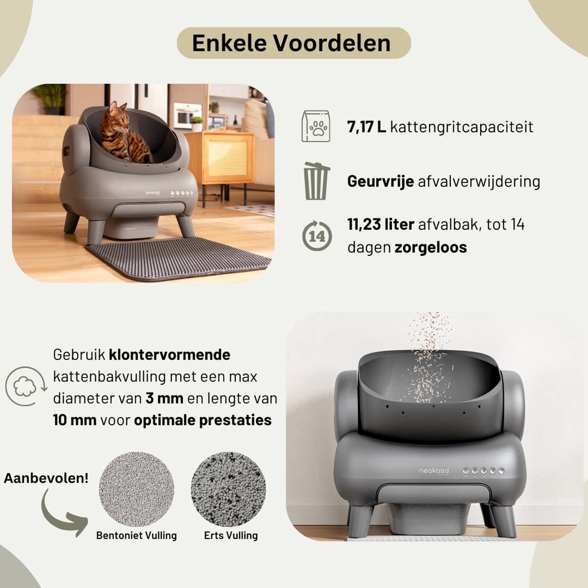 Neakasa M1 Zelfreinigende Kattenbak XXL – Automatische Kattenbak met App – Boven Open – Geurvrij & Hygiënisch – Voor Meerdere Katten – Inclusief Kattenbakmat – Grote Inhoud – Slimme Kattenbak - met App - Grijs thumbnail 5