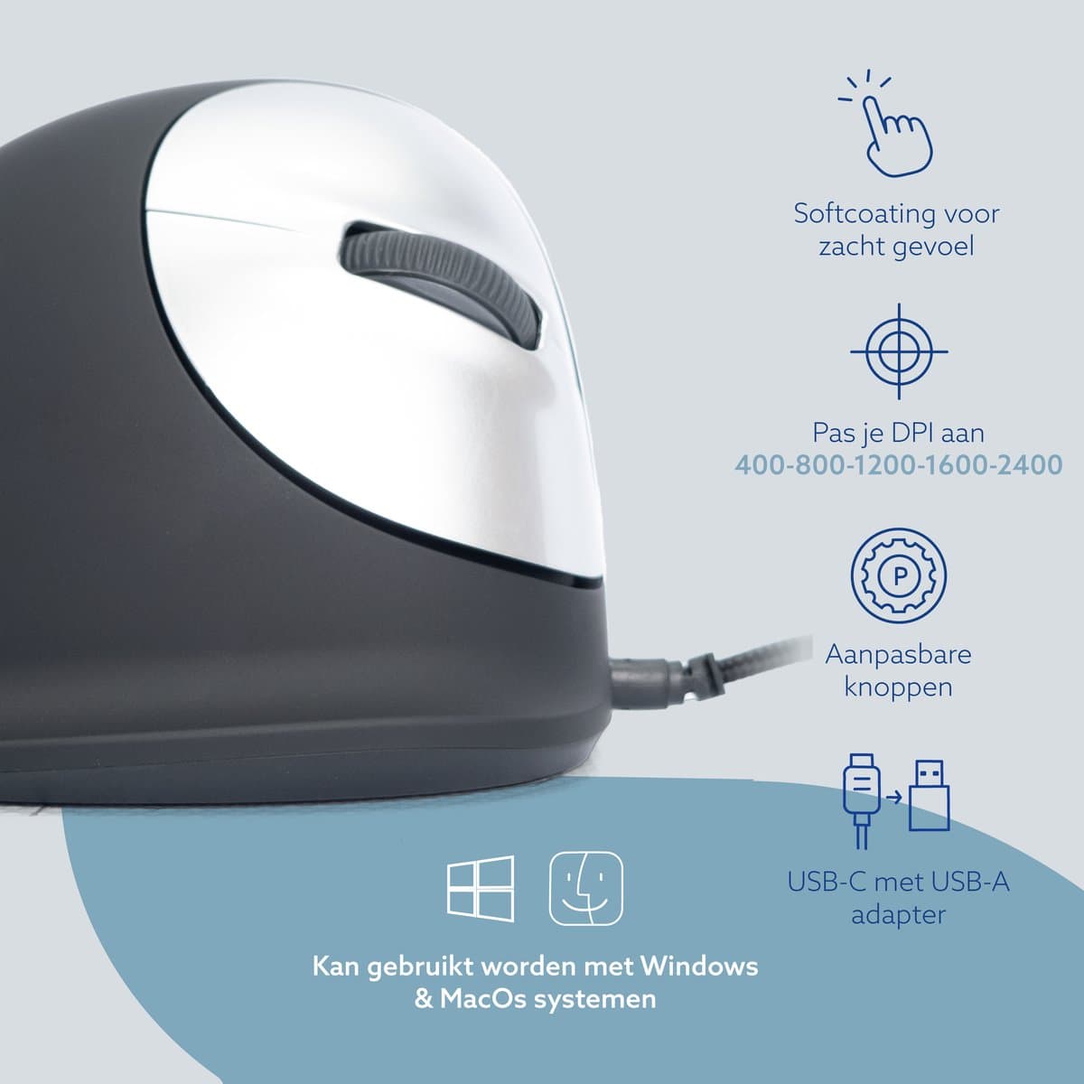 R-Go HE - Ergonomische Muis - Verticale Muis - Rechtshandig - Pauze-indicator - Maat Medium - Zwart thumbnail 2