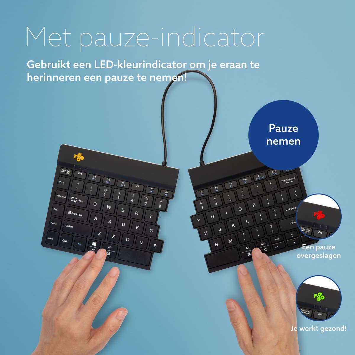 R-Go Split - Draadloos Ergonomisch Toetsenbord - Pauze-indicator - Gesplitst - US QWERTY - Zwart thumbnail 4