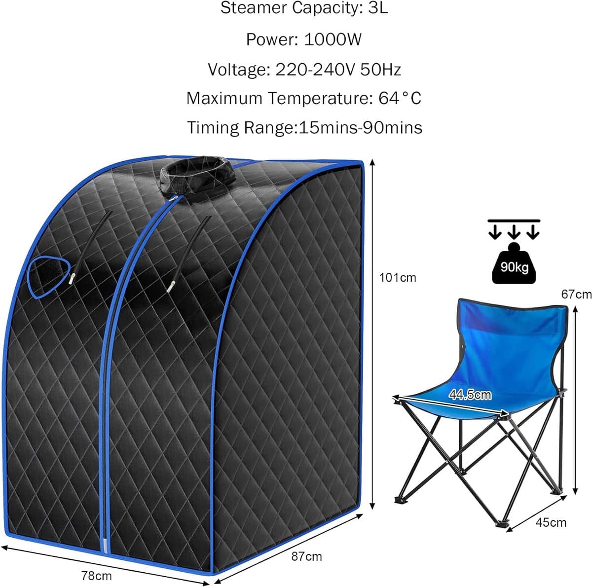 COSTWAY Draagbare stoomsauna, 1000 W, 3L opvouwbare persoonlijke therapeutische sauna met afstandsbediening, instelbare temperatuur en timer, roestvrij staal stoomoven met verstuiving functie, explosiebestendig gehard glazen deksel, 101 x 87 x 78 cm thumbnail 7