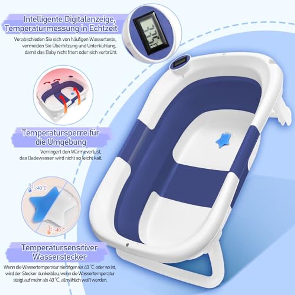 Opvouwbare babybadkuip voor pasgeborenen en peuters met thermometer - Draagbare babybath voor 0-36 maanden in blauw thumbnail 5