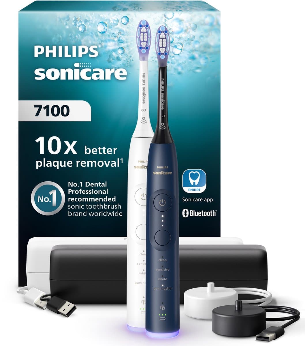 Philips Sonicare 7100 series - Elektrische Tandenborstel - Wit & Blauw - Duopack - Reisetui - Gezonder tandvlees - HX7429/01 - afbeelding 1