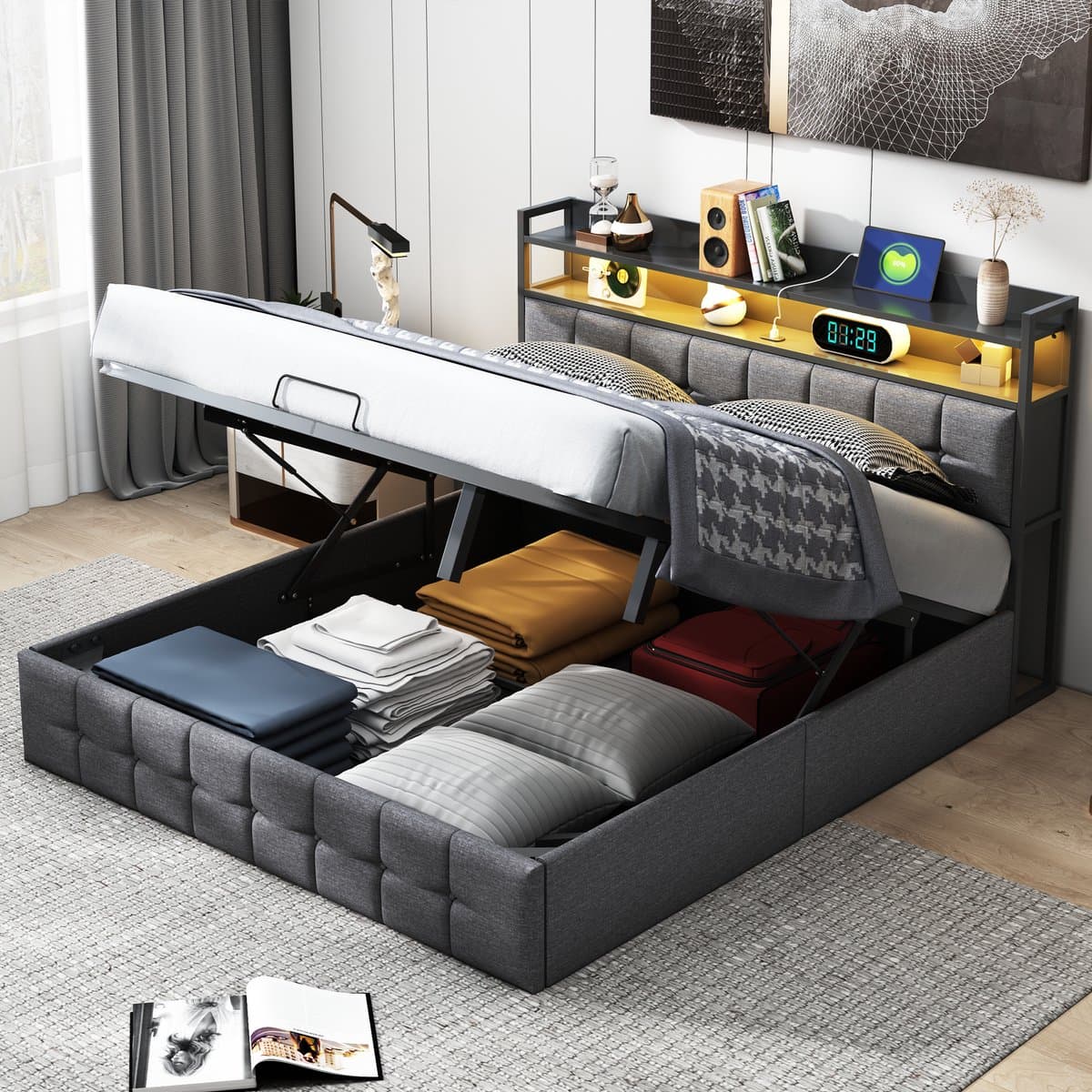 Tweepersoonsbed 160x200 cm – LED Hydraulisch Opbergbed met USB & Type-C, Hoofdbord met Verlichting, Grijs, Linnen thumbnail 3