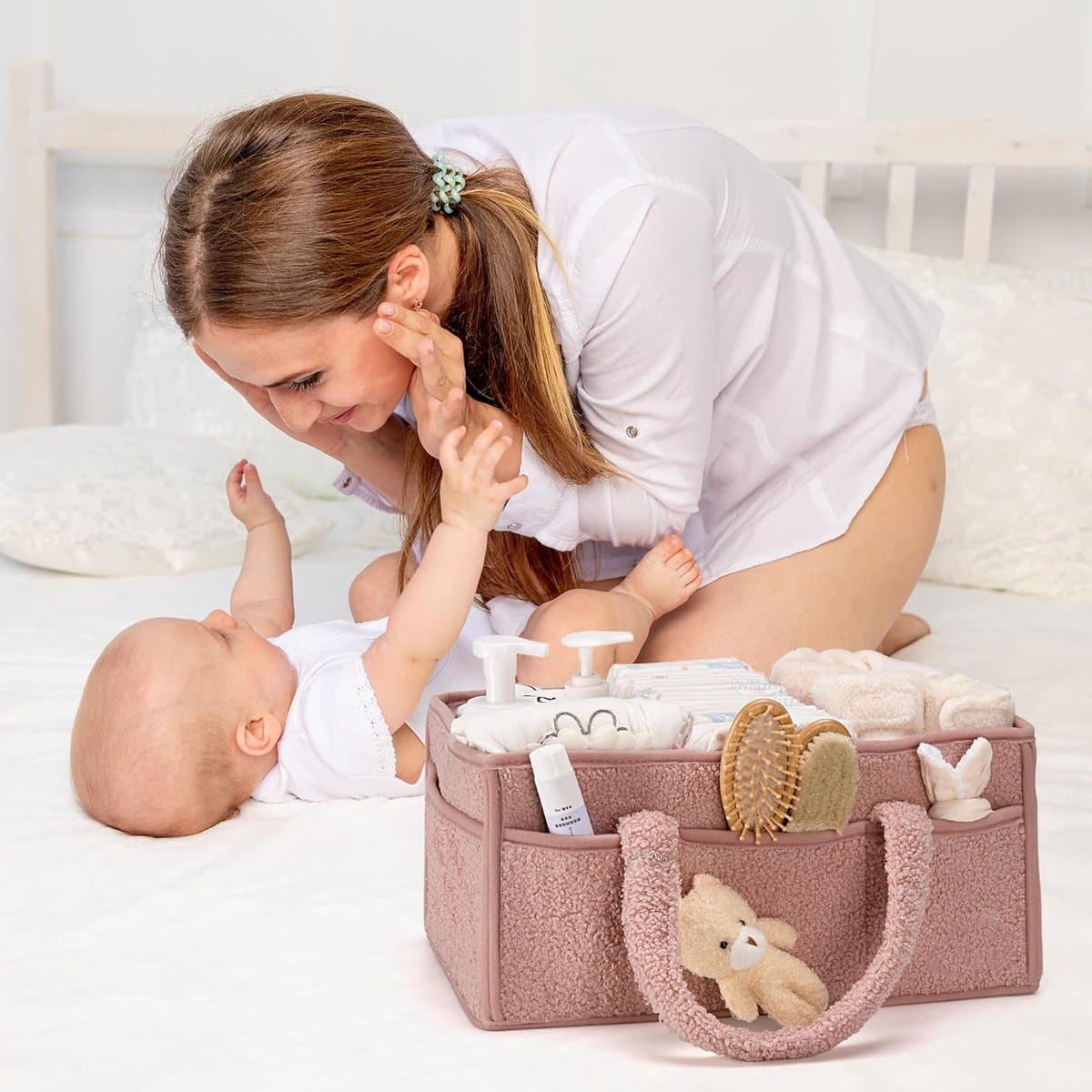 Luiertas - Luiermand - Luiermandje - Speelgoedmand - Luiermand voor Babykameraccessoires - Luier Organizer -Zwangerschapscadeaus -Met handvat- Opbergmand voor babyluiers en doekjes - Organizerr - Kraamcadeau -roze thumbnail 7