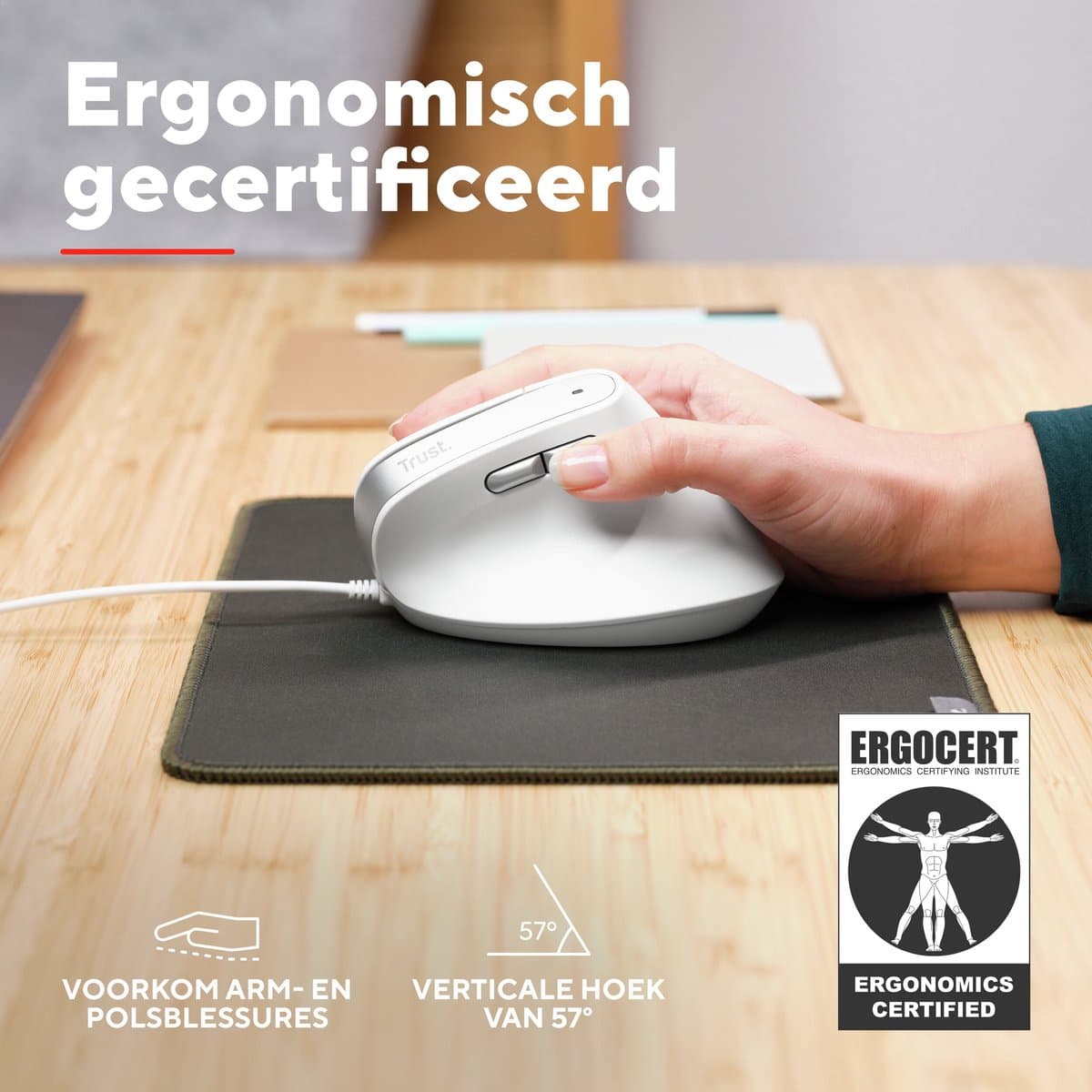 Trust Bayo II - Ergonomische Muis - Verticaal - Bedraad - Wit thumbnail 2