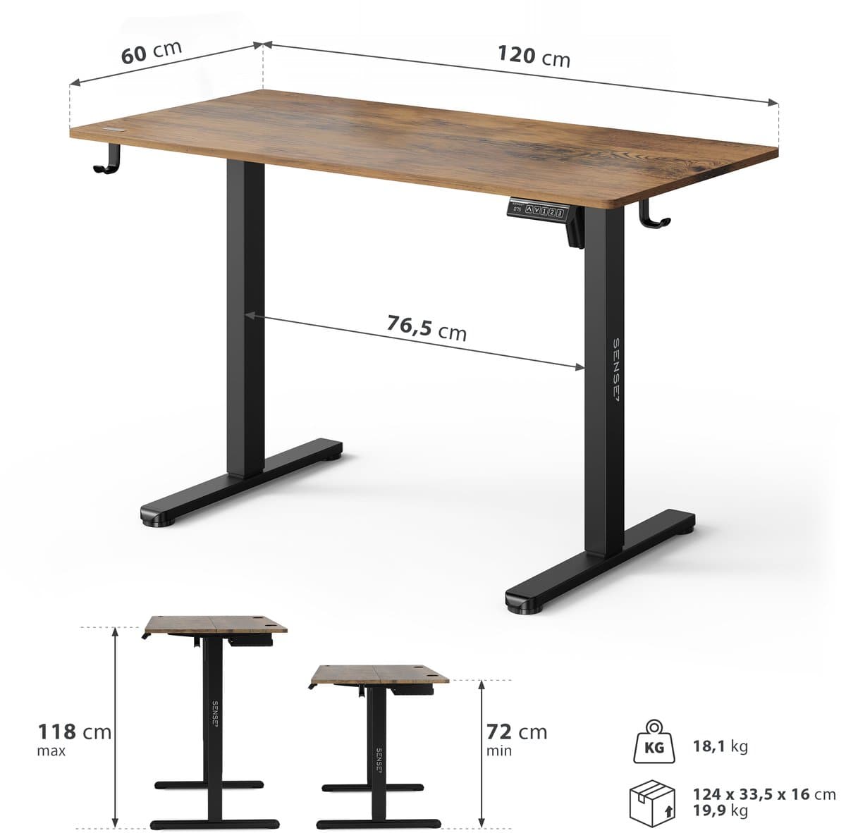 SENSE7 NOJO LIGHT - Zit Sta Bureau - 120 cm x 60 cm - Elektrisch bureau - Verstelbare bureau - Elektrische Hoogteverstelling - Hoogte 72-118 cm - Intelligent Bedieningspaneel - Donkerbruin thumbnail 2